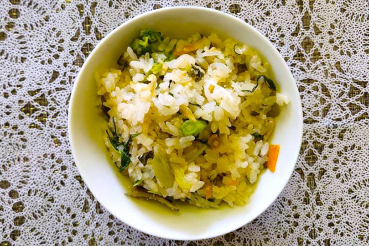菜の花、水菜、セロリの炊き込みご飯
