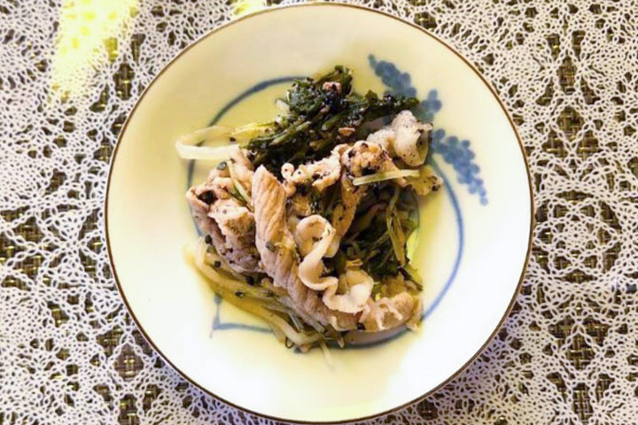 水菜、豚バラ、もやしのフライパン蒸し